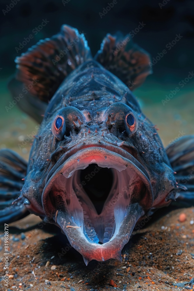 Poster detailed image of a fish with its mouth wide open. suitable for educational materials or nature docu