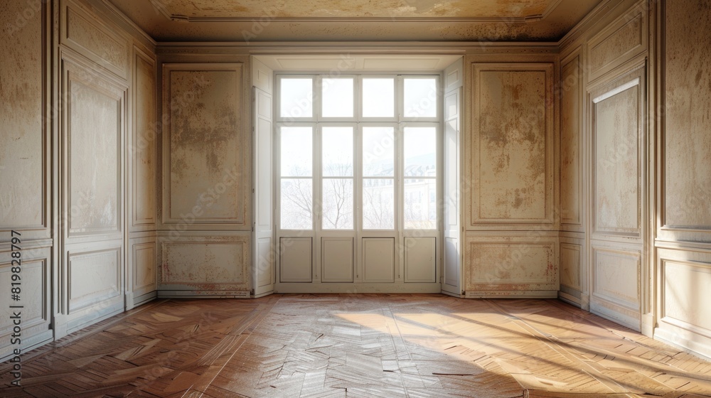 Poster An empty room with a large window. Suitable for interior design concepts