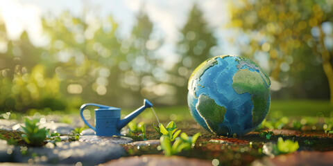 earth globe in grass, planet earth floating on rural background with trees and watering can out of...