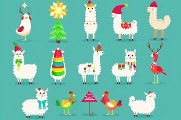 A group of llamas surrounded by festive Christmas trees. Perfect for holiday-themed projects