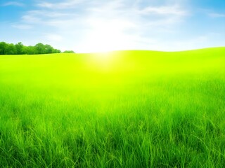 Fototapeta premium Green grass and blue sky,beautiful grass landscape