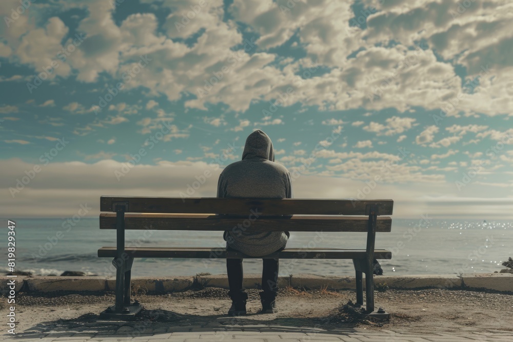 Poster a person sitting on a bench looking out at the ocean. suitable for travel and relaxation concepts