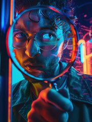 longo full shot Marketing Proffesional looking through a big magnifying glass like a detective, neon fuxia lights, fuxia and blue and orange iridescent ambien