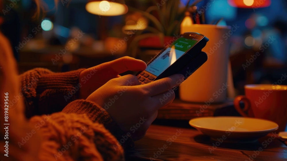 Poster A person using a cell phone at a table, suitable for technology and communication concepts
