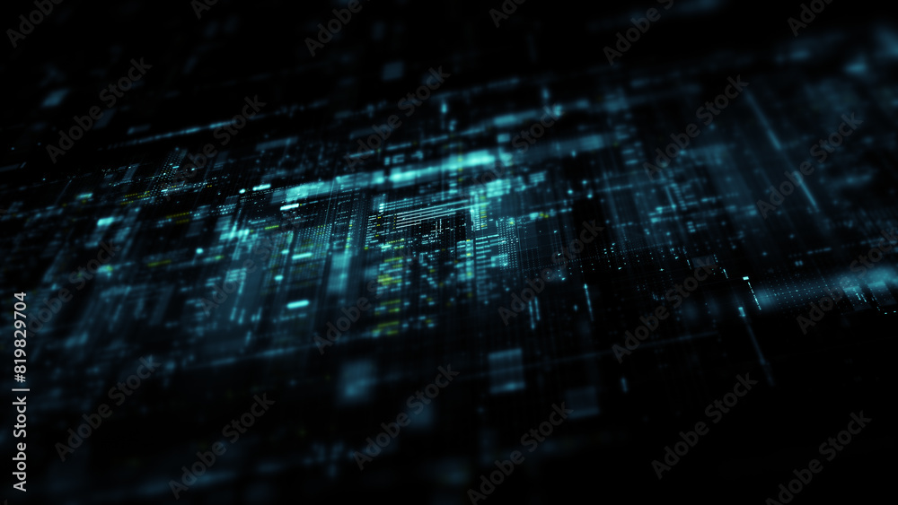 Fototapete Futuristic screen display matrix, hi-tech digital data telemetry with encrypted numbers, display dynamic background for computer desktop screen display format