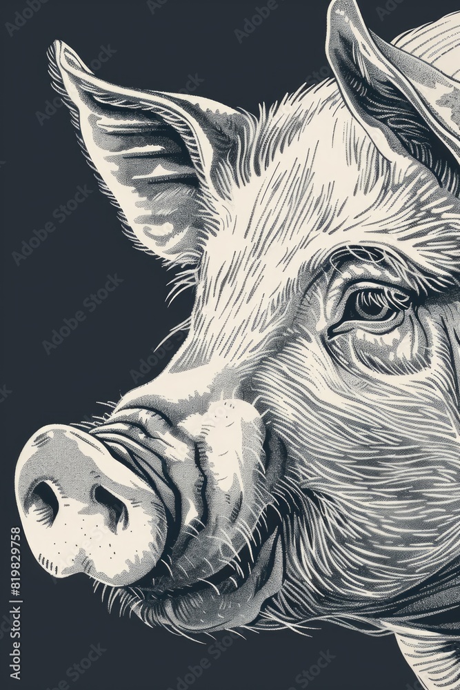 Poster A black and white drawing of a pig wearing a hat. Suitable for various design projects
