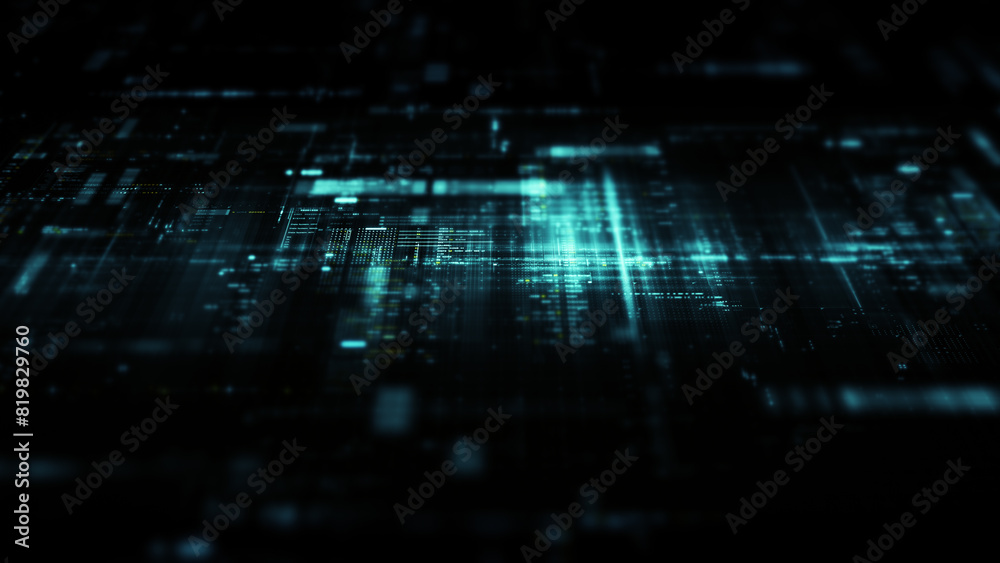 Fototapete Futuristic screen display matrix, hi-tech digital data telemetry with encrypted numbers, display dynamic background for computer desktop screen display format