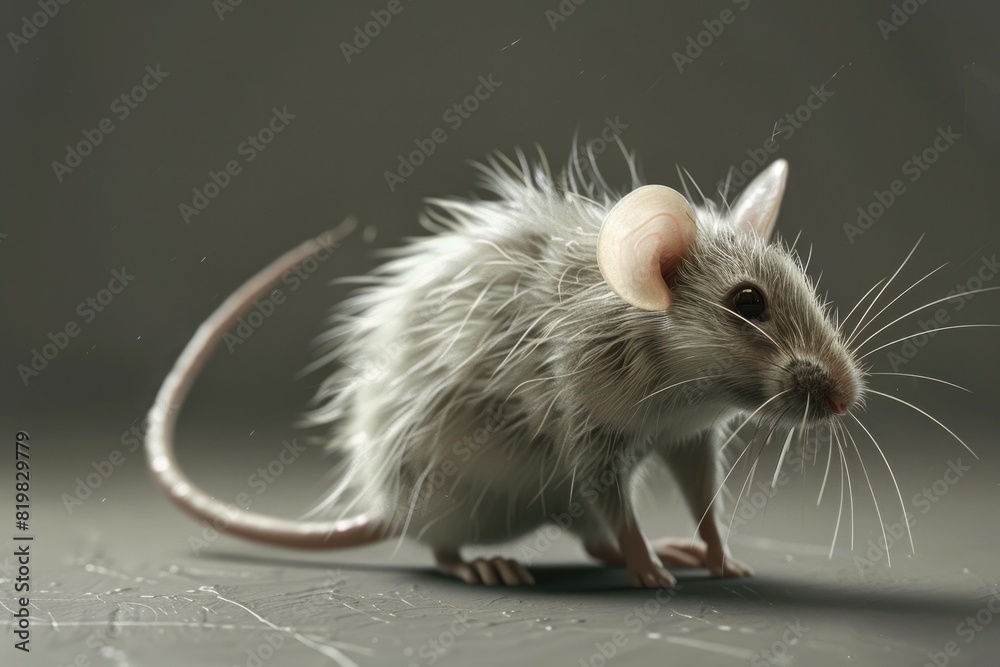 Poster A small mouse with a long tail standing on a surface. Suitable for various projects