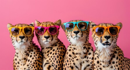 Group of Cool Cheetahs kitten in funky Wacky wild mismatch colorful outfits isolated on bright background	