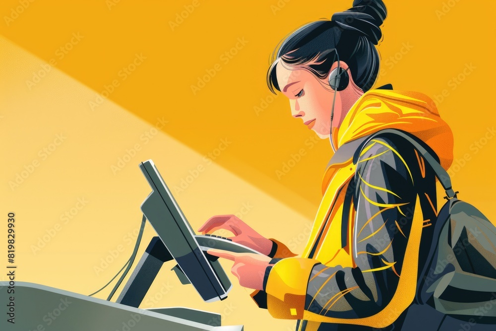 Poster A woman in a yellow jacket using a computer. Suitable for technology and business concepts