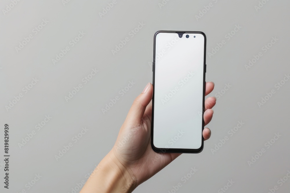 Poster a hand holding a phone with a blank screen. suitable for technology concepts