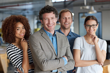 Office, businesspeople and team in portrait with confidence or advertisement of company. Smile,...