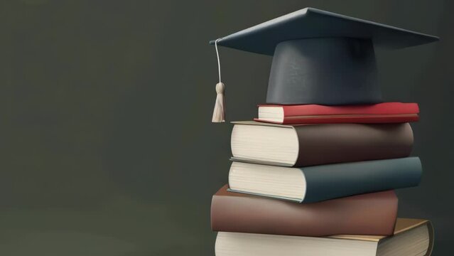 A stack of books with a black cap on top. The cap is attached to a string. The books are arranged in a pyramid shape
