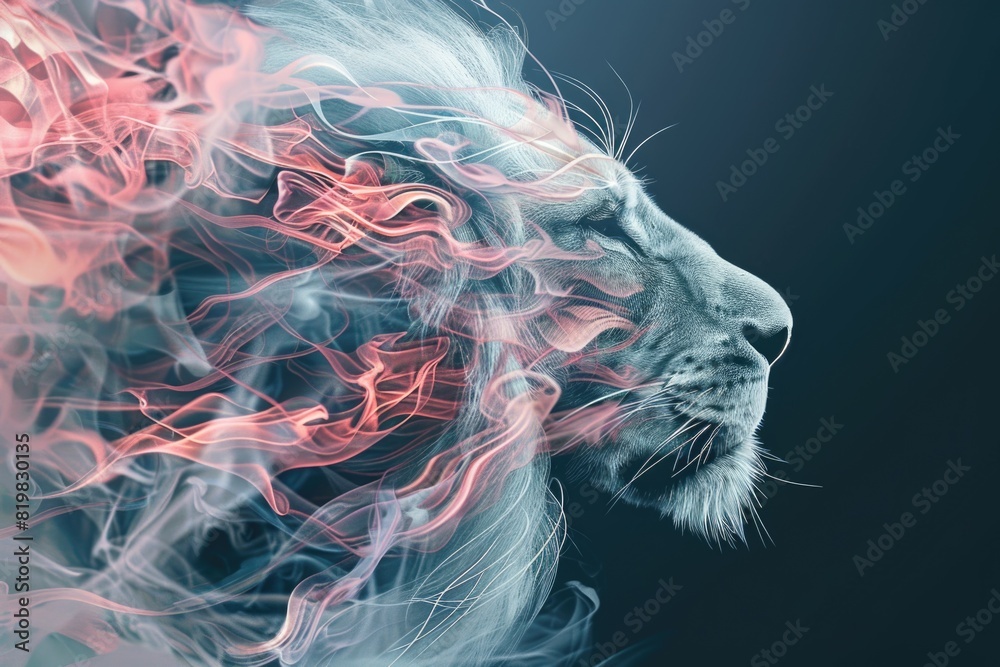 Poster close up of a lion's face with red and white smoke, suitable for various design projects
