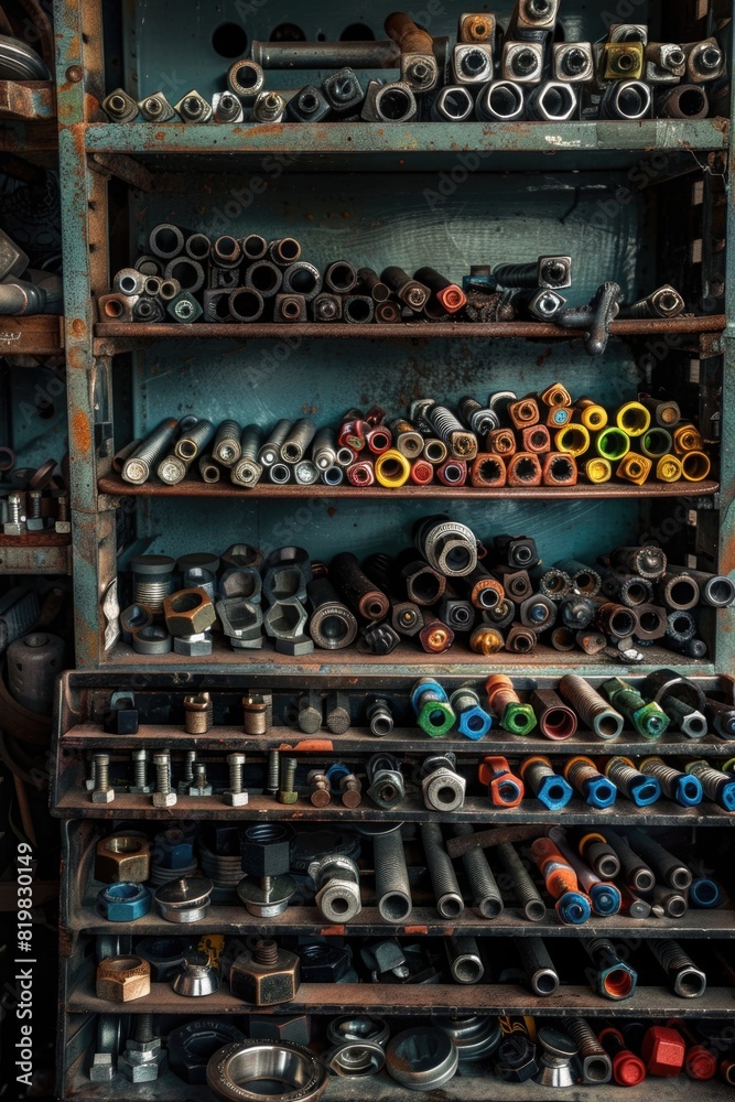 Poster A collection of different types of tools on a shelf. Useful for DIY projects or hardware store concepts