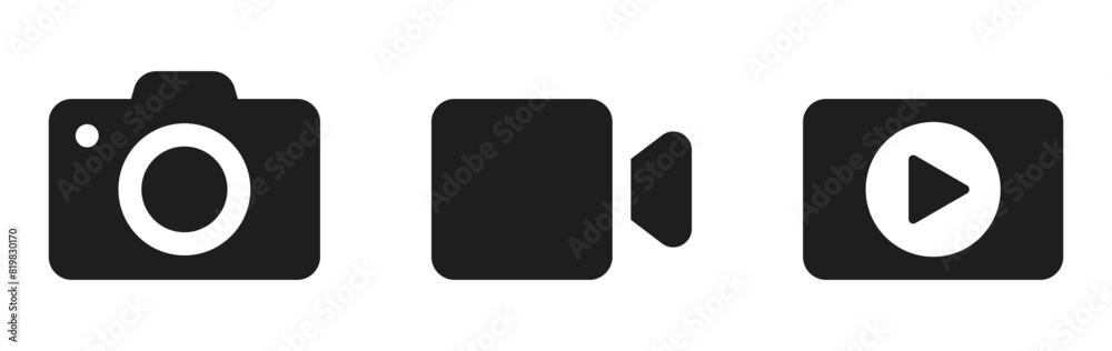 Poster camera video icon. camera icon. play icon button. audio player icon. video streaming web icons