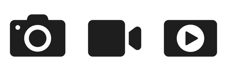 Camera video icon. Camera icon. Play icon button. Audio player icon. Video streaming web icons
