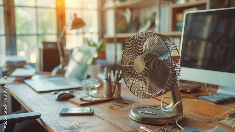 Poster a fan sitting on a wooden desk next to a computer. suitable for office or home office concepts