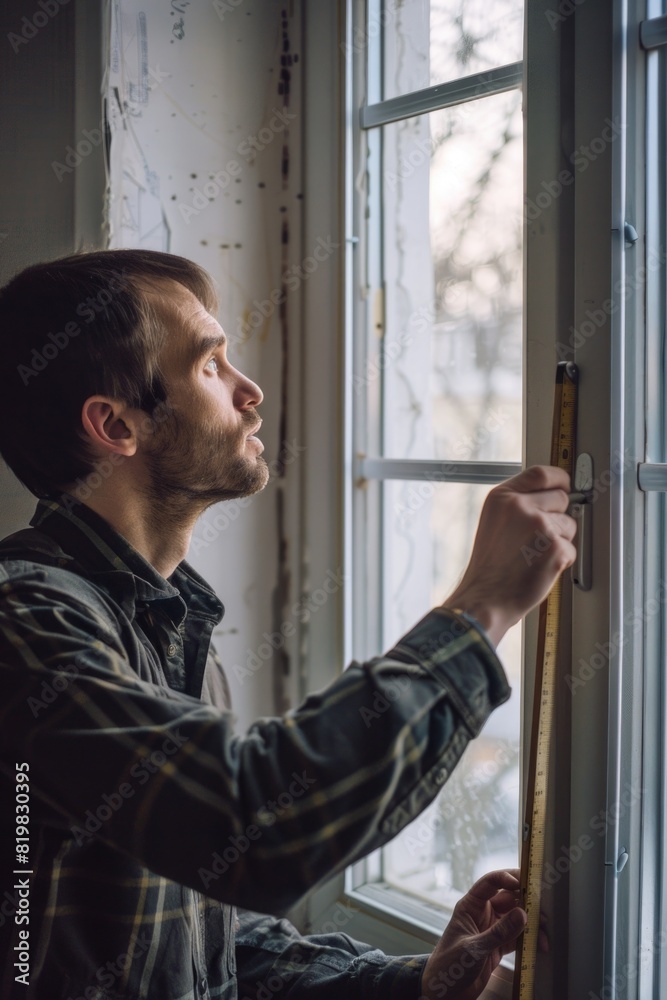 Poster A man using a tape measure to measure a window. Suitable for home improvement projects