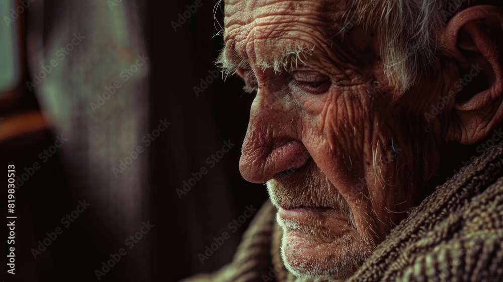 Poster a senior man gazing through a window. suitable for various concepts