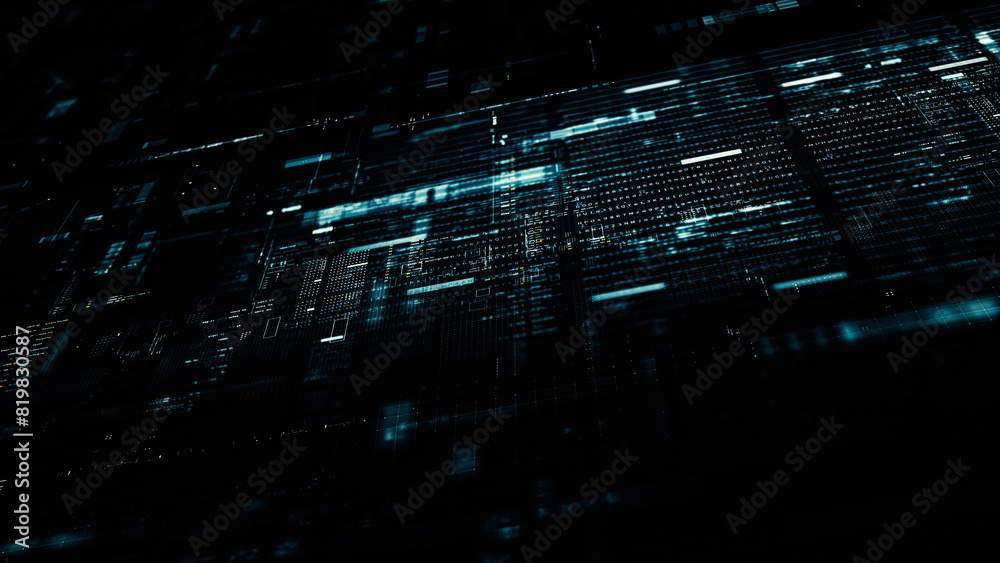 Fototapete Futuristic screen display matrix, hi-tech digital data telemetry with encrypted numbers, display dynamic background for computer desktop screen display format