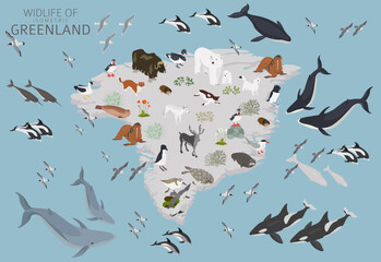 Isometric Greenlandic Geography. Design of Greenland wildlife. Animals, birds and plants constructor elements isolated on white set