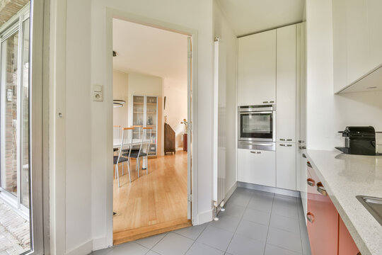 Modern kitchen interior with open plan dining area