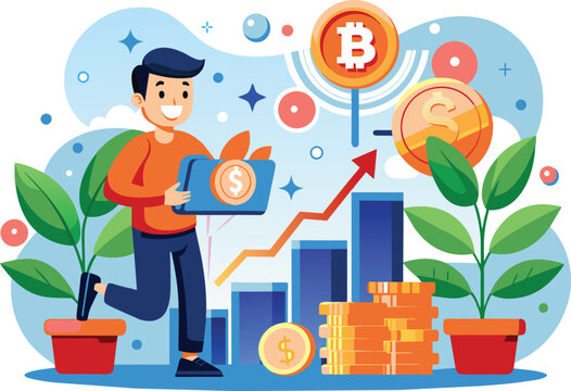 Flat illustration of bit coin investment, vector illustration.