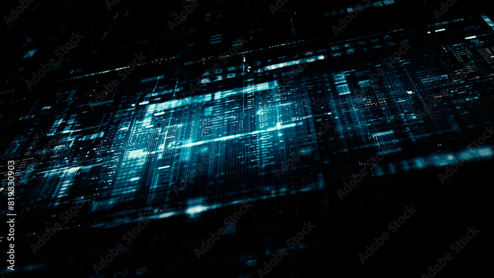 Fototapete Futuristic screen display matrix, hi-tech digital data telemetry with encrypted numbers, display dynamic background for computer desktop screen display format