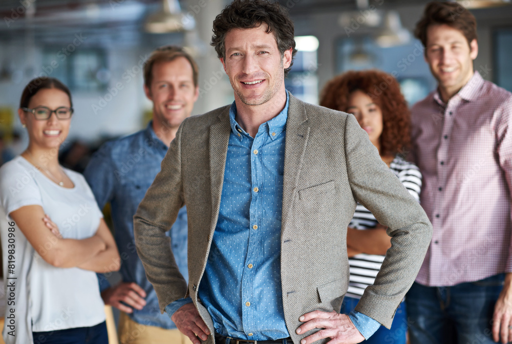 Poster portrait, leader and business man with team in office for job, about us and coworking in startup com