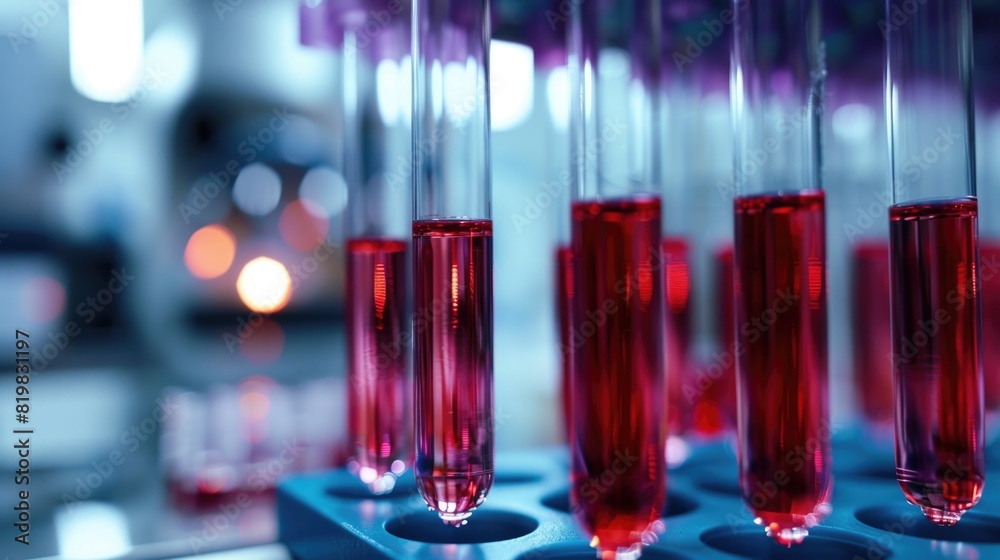 Aufkleber A row of test tubes filled with red liquid. Ideal for science and laboratory concepts