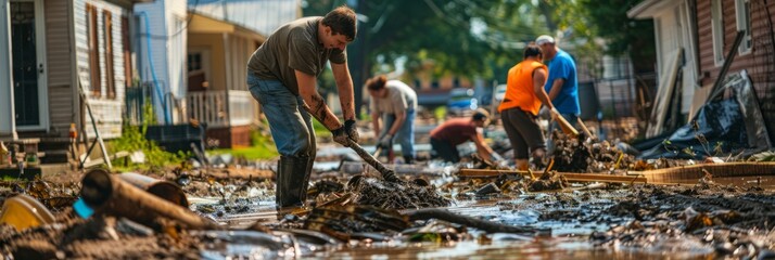 Group of people gathered around debris, volunteering to clean up after a flood disaster