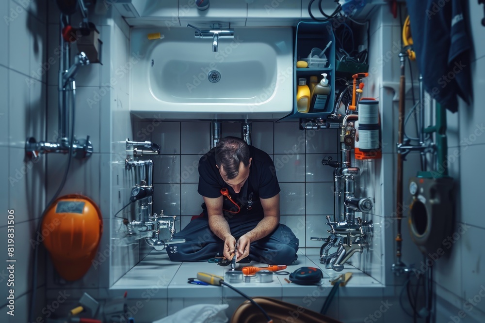 Poster a man sitting in a bathroom with tools on the floor. suitable for construction or home improvement c