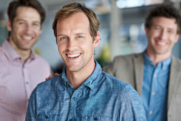 Businessman, happy and portrait in office for company, collaboration and startup business. Graphic...