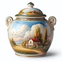 Painted Porcelain Vase with Scenic Countryside Design