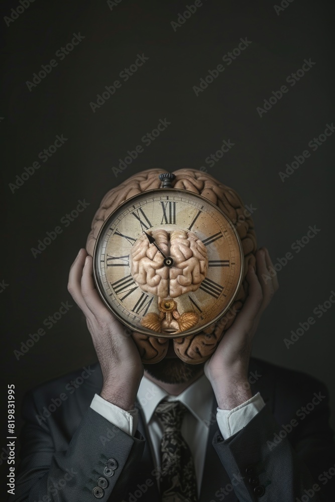 Poster A man in a suit holding a clock with a brain on it. Suitable for business and time management concepts