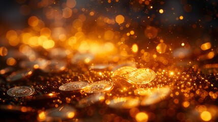 Naklejka premium Falling flying gold coins money gems from the top with bright yellow glow, casino game style 