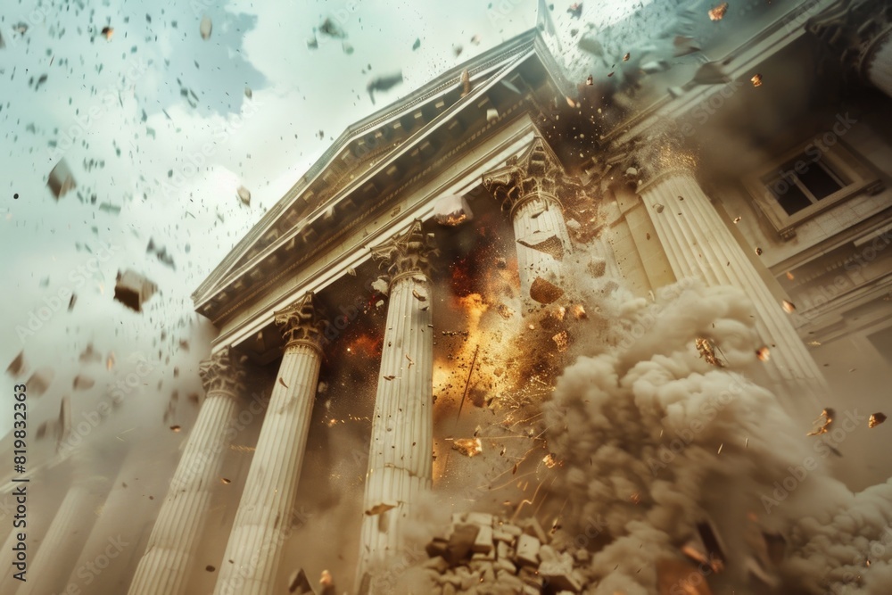 Poster A large building with a pile of rubble in front of it. Suitable for illustrating destruction or renovation projects