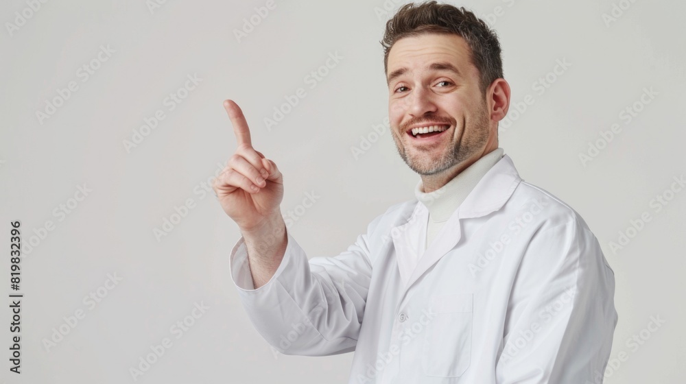 Poster a man in a lab coat pointing. suitable for scientific or medical concepts