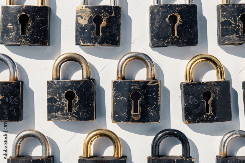 Poster several padlocks arranged on a white background. suitable for security and protection concepts