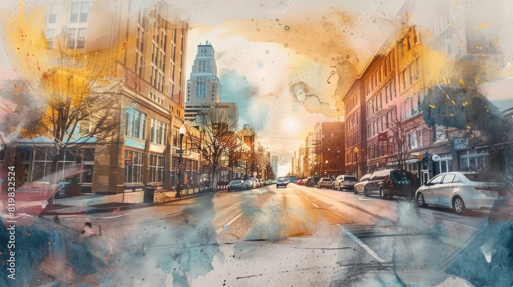 Poster A beautiful watercolor painting of a city street. Ideal for urban-themed designs