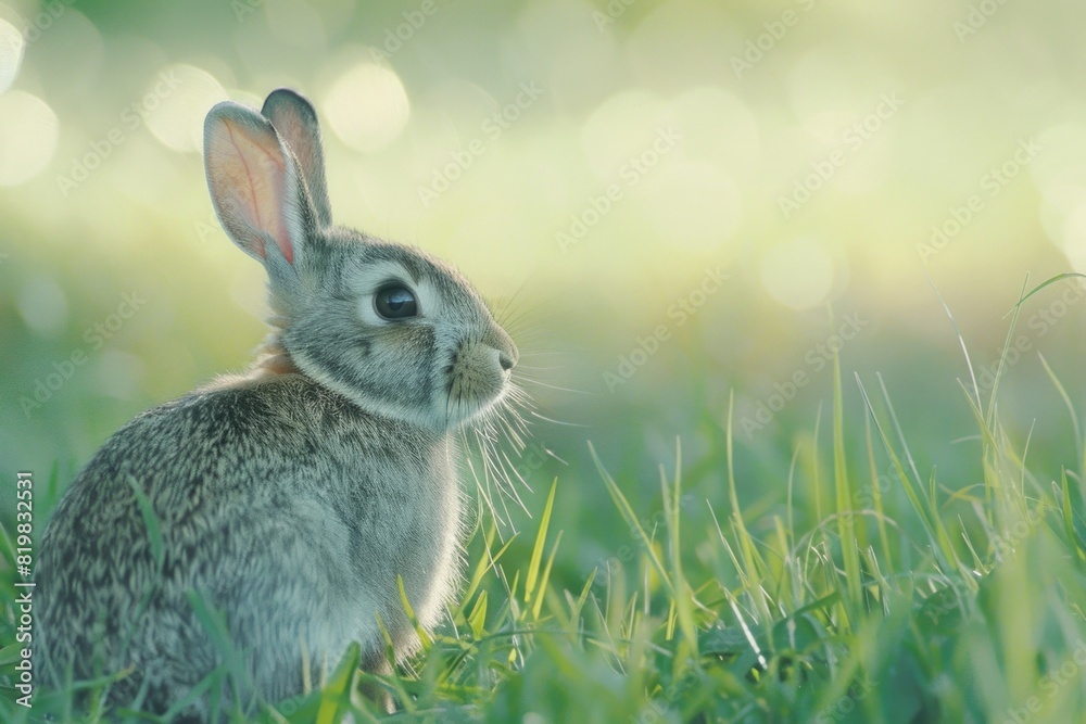 Poster a rabbit sitting in the grass, looking at the camera. suitable for various nature and animal-related