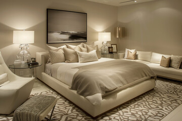 Contemporary bedroom with a low bed, beige linens, monochrome photograph, stylish sofa set, and white chair. Patterned rug and glass lamps on bedside tables.