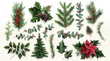 Festive collection of Christmas plants and berries, perfect for holiday designs