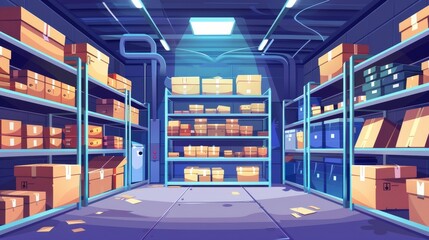 Cartoon illustration of empty storage room interior with goods, cargo, and parcels on shelves. Storehouse in market, warehouse, store.