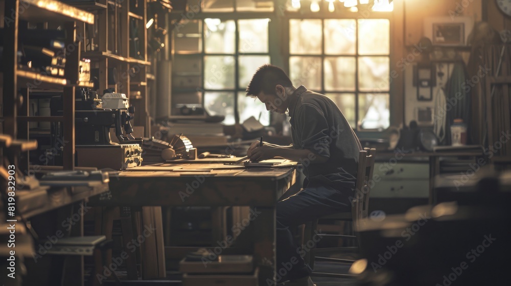 Poster a man sitting at a table working on a piece of wood. suitable for woodworking or carpentry concepts