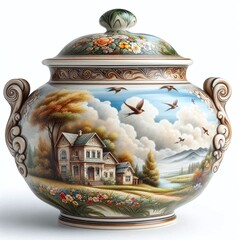 Painted Porcelain Vase with Scenic Countryside Design