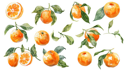Wavercolor oranges, mandarin in leaves. A set of illustrations on white background. Collection of isolates for labels, prints, banners, menu or event.