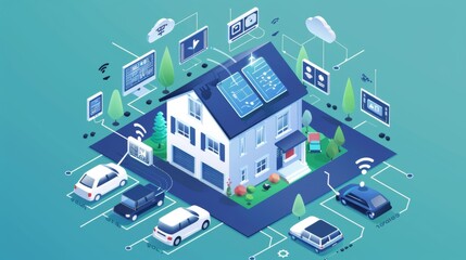 Obraz premium Smart Home with Connected Devices and Electric Cars. 3d model