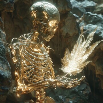 Golden Skeletons Enchanted Phoenix Feather in a Mystical Cave A D Ethereal Realm